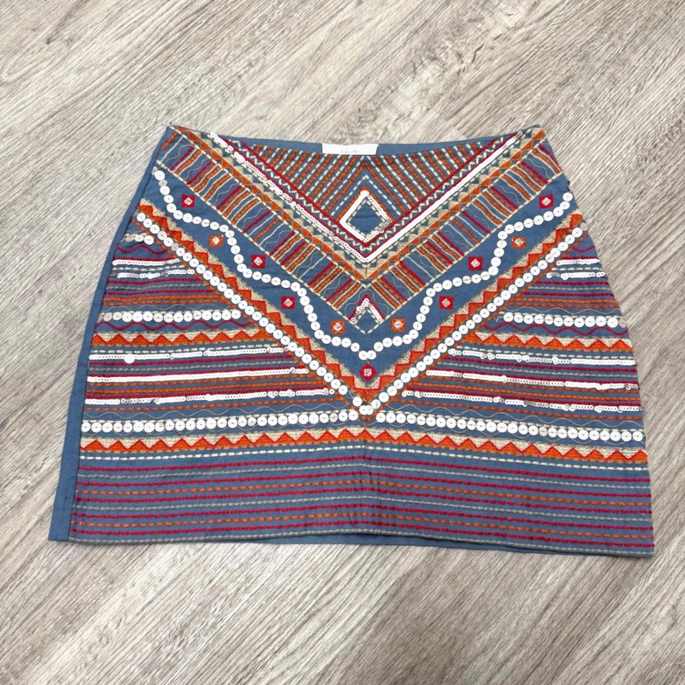 Talori Womens Blue Embroidered‎ Sequin Mini Skirt Boho Cotton Size M BJWS6008